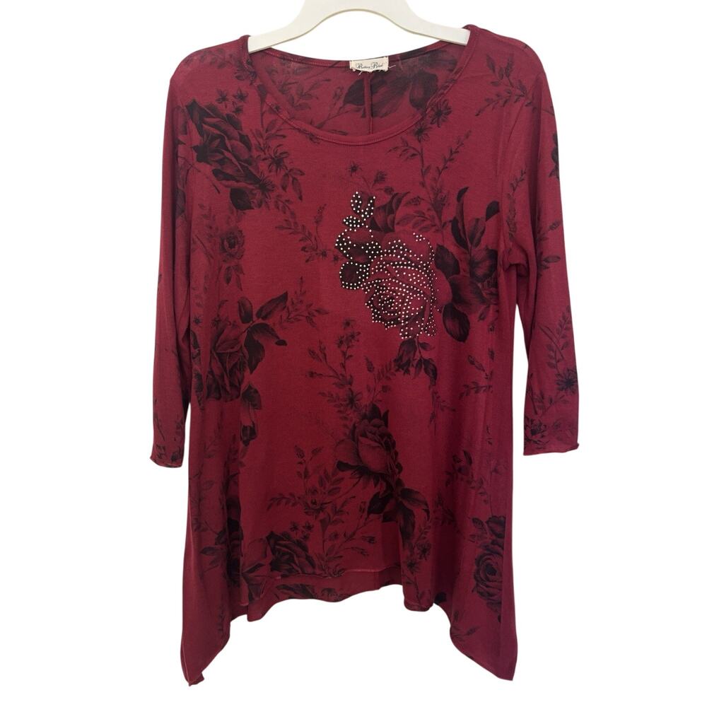 Red Black Floral Rhinestone Studded Asymmetrical Top M Dark Romantic Bling